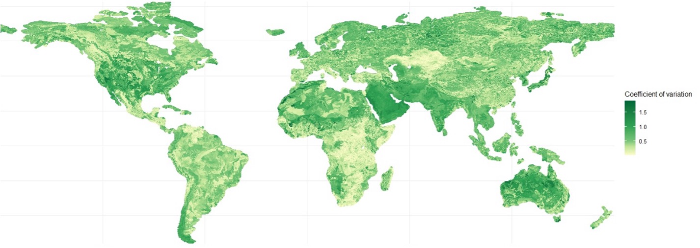 World map displaying variability in soil organic carbon (SOC) stocks with a color gradient from light green to dark green representing coefficient of variation values ranging from 0.5 to 1.5. The map highlights regional differences in SOC variability.