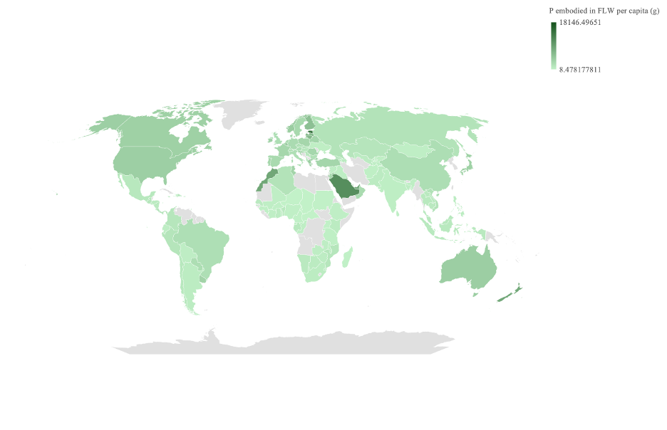 A heatmap of the world where countries are shaded in by the amount of phosphorus embodied in food loss and waste per capita (grams) ranging from 8.5 grams (light green) to 18,146.5 grams (dark green).