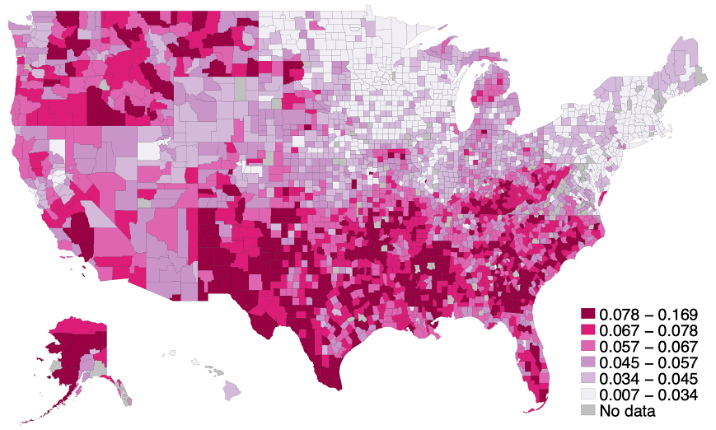 A map of the United States at the county level that gives a color-coded representation of the population of eligible Medicaid recipients under expansion.