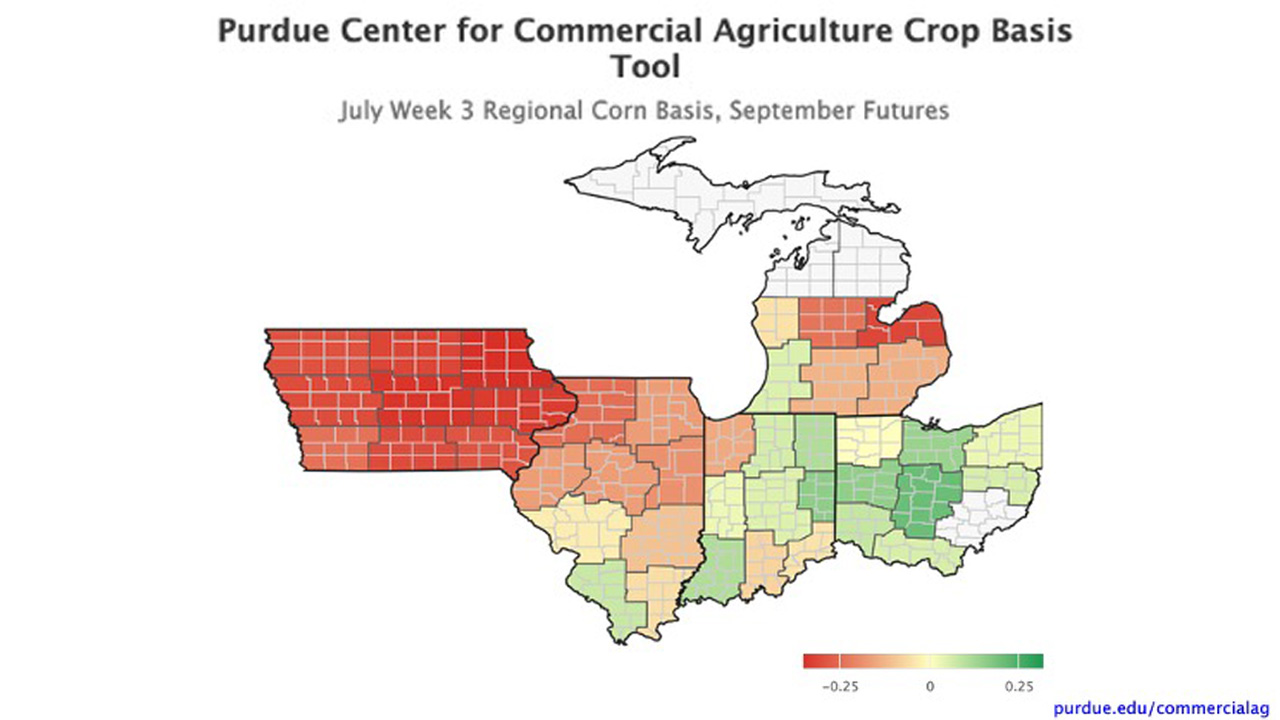 July Week 3 Regional Corn Basis, September Futures, Purdue Crop Basis Tool