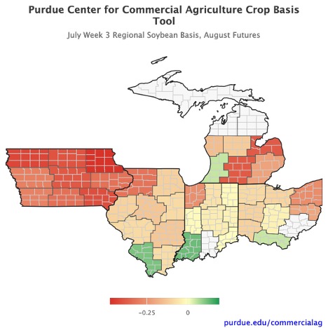 Figure 10. July Week 3 Regional Soybean Basis, August Futures, Purdue Crop Basis Tool
