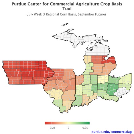 Figure 3. July Week 3 Regional Corn Basis, September Futures, Purdue Crop Basis Tool