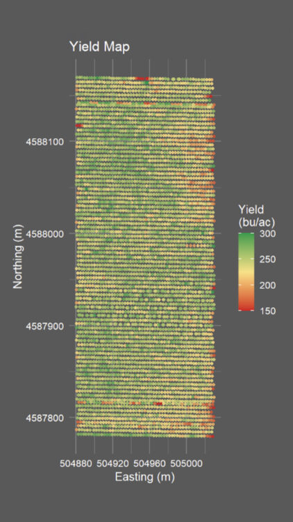 Figure 2b. Corn yield monitor data collected during harvest of the planter technology trial. The yield monitor had an estimated calibration error of approximately 1%.
