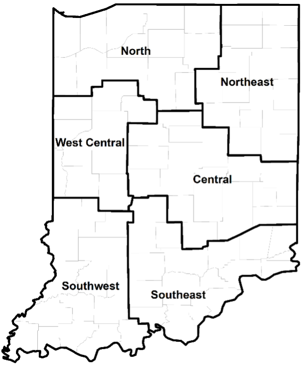 A black and white map of Indiana divided into six labeled regions: North, Northeast, West Central, Central, Southwest, and Southeast.