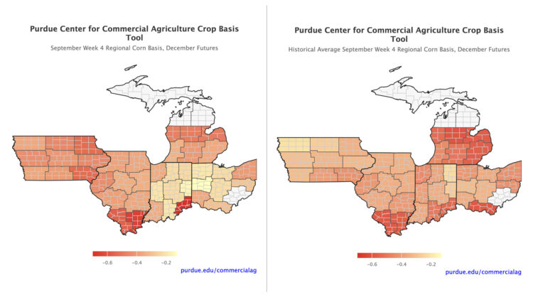 Figure 1. Corn basis to December futures, September week 4, and the historical average for the same week.