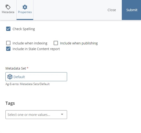 screenshot of properties tab settings field boxes in Cascade