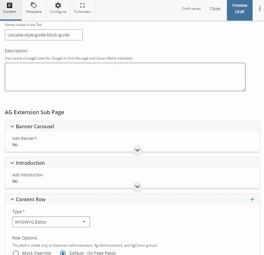 Example of a screen capture example of Cascade block location in a form