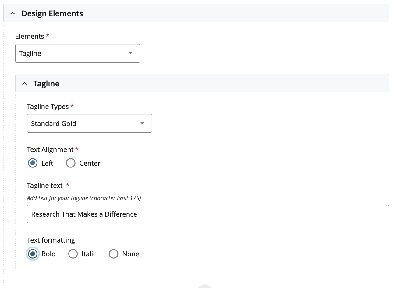 Design Elements form, tagline options