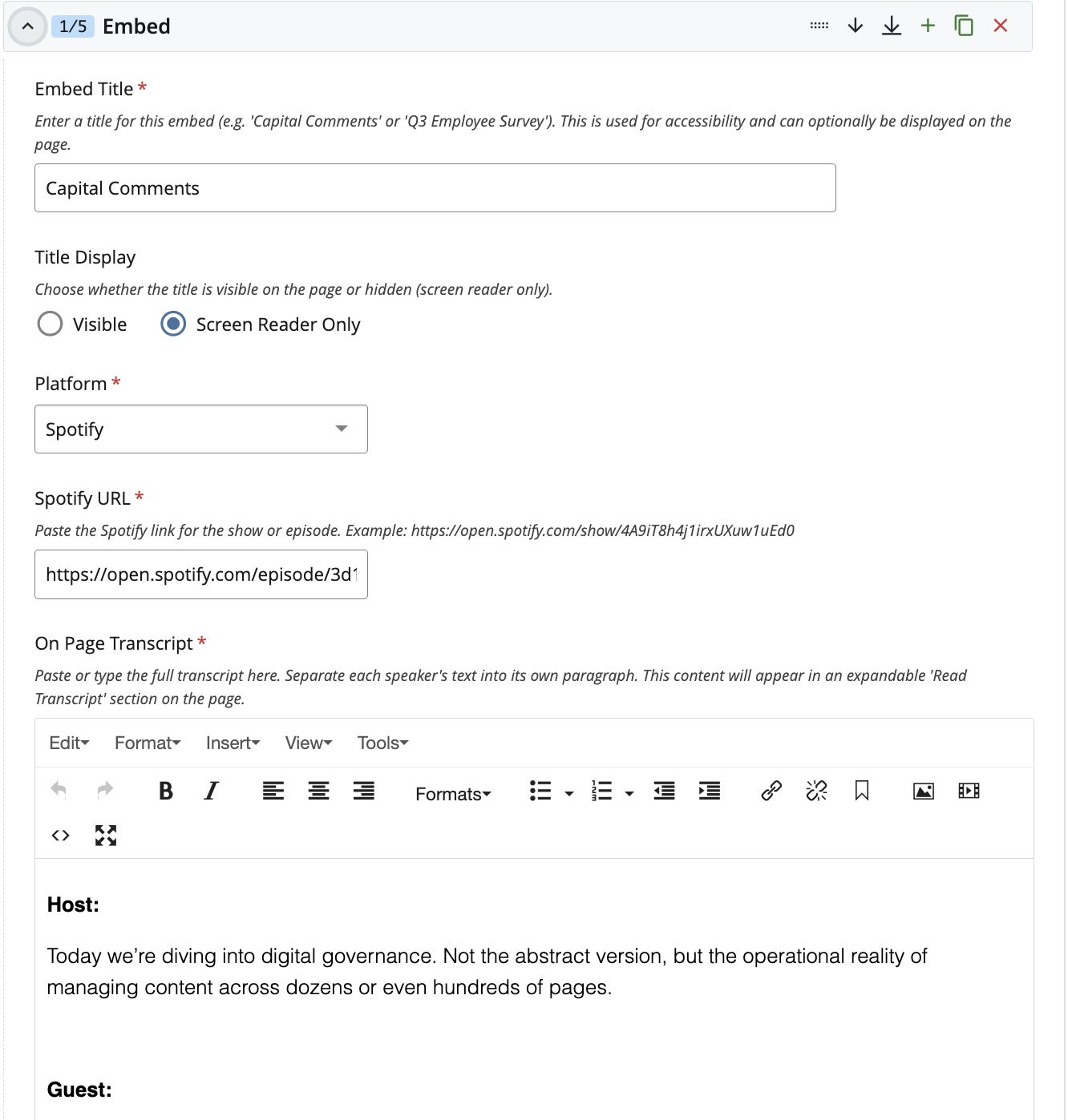 embed form fields, title, plataform, URL and transcrips