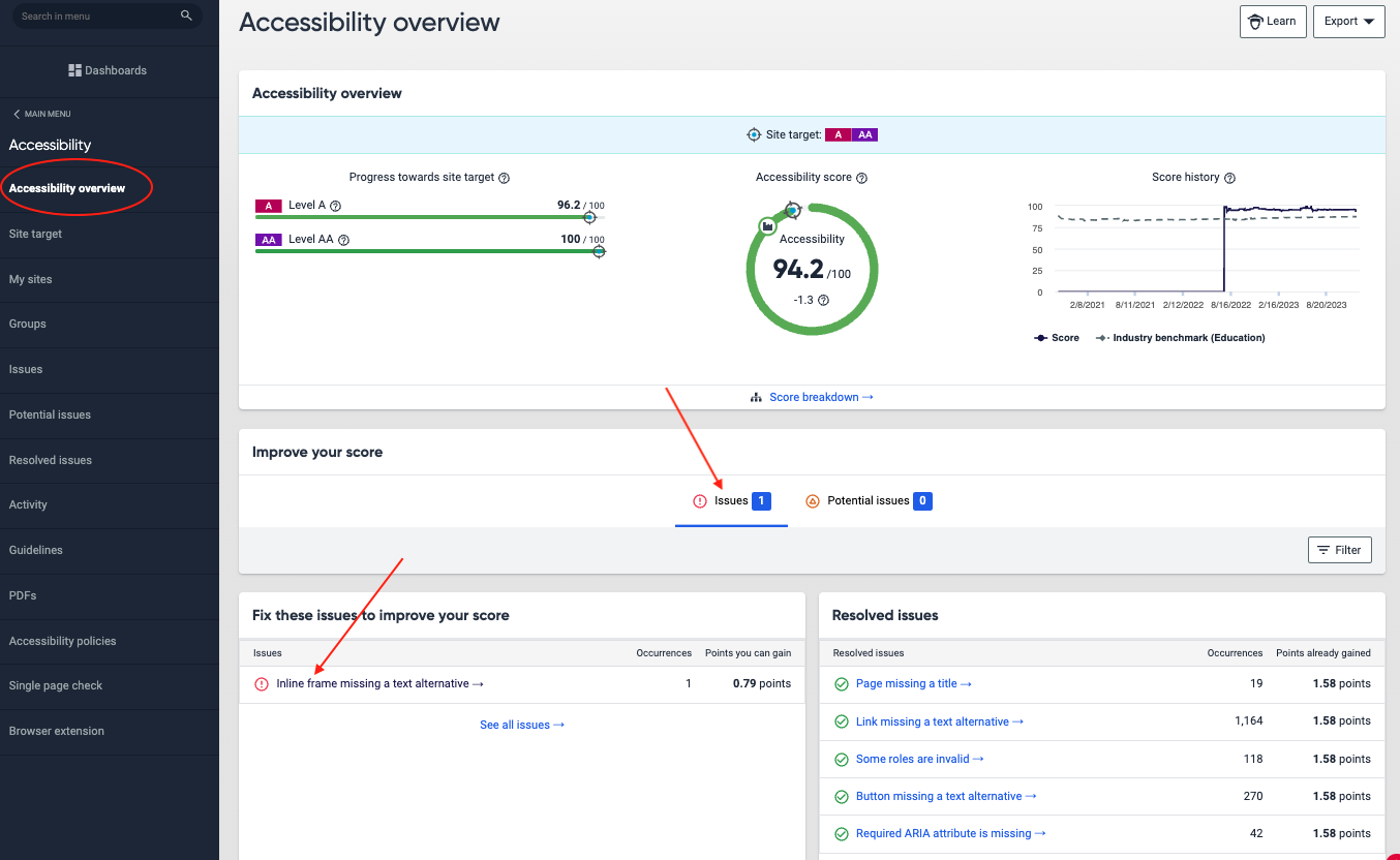 Siteimprove accessibility report overview 