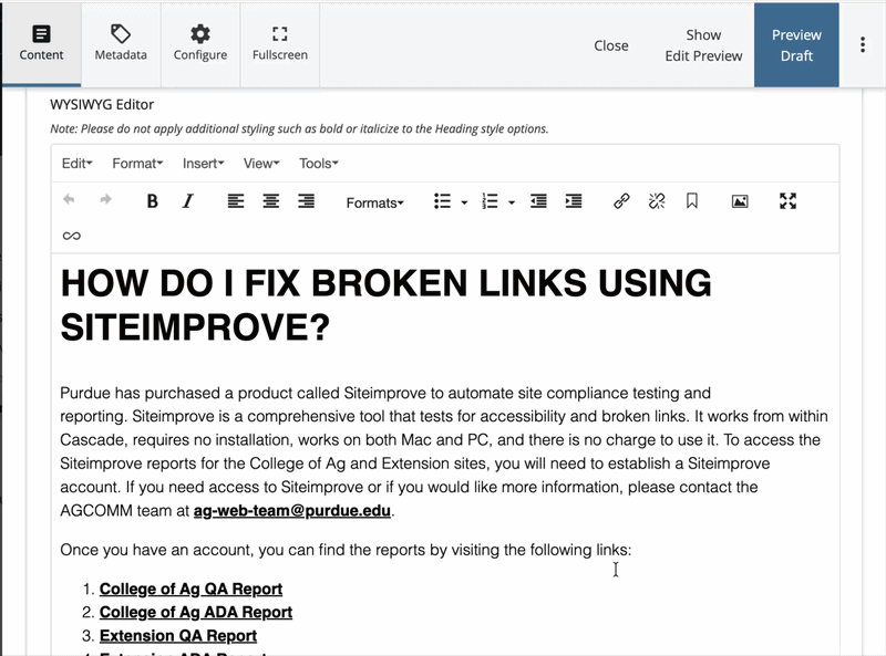 link selection and removal on the Cascade WYSIWYG editor
