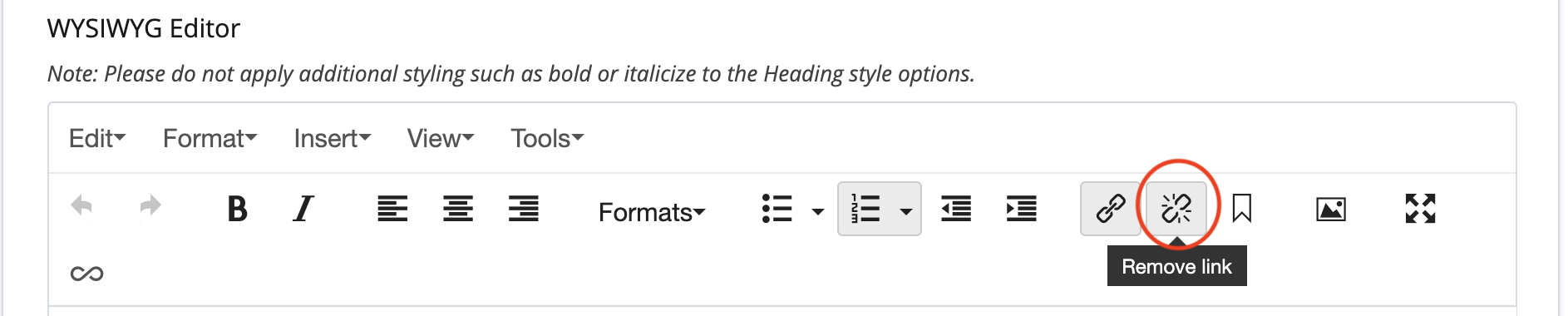 screenshot of the cascade wysiwyg unlink icon