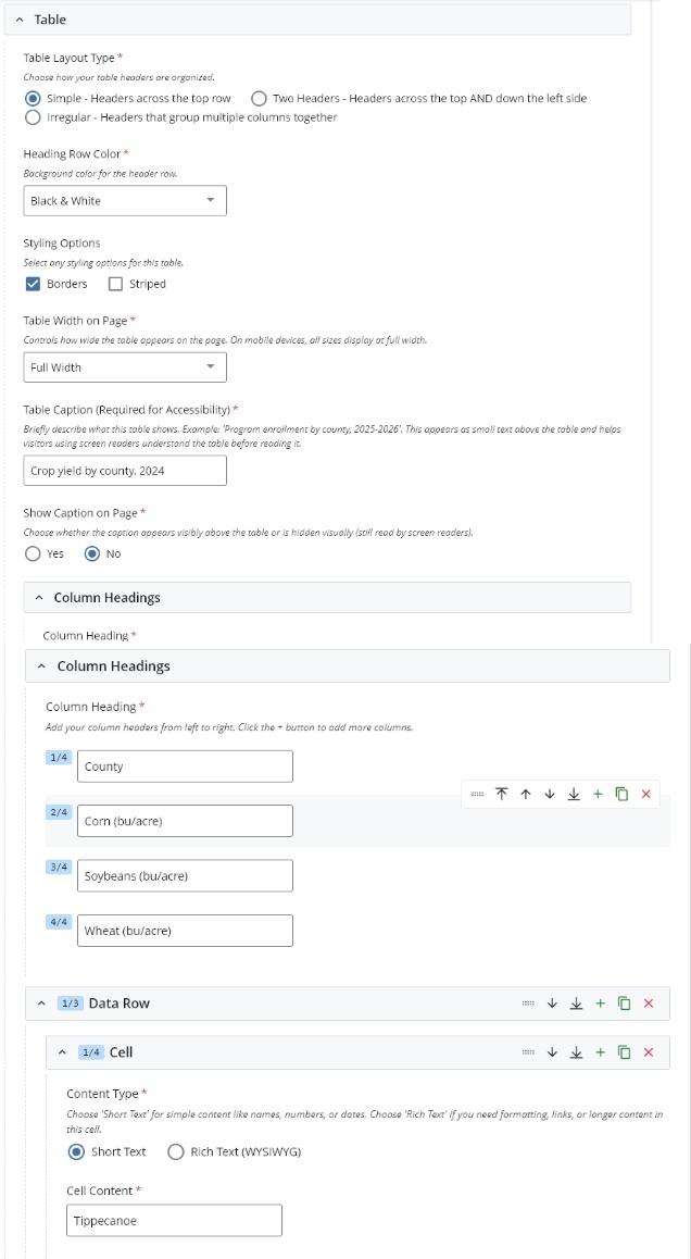 Screencapture of table block form with layout, header, headings and cell text examples