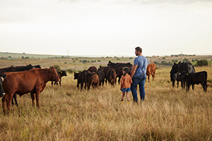 father and daughter in cow pasture