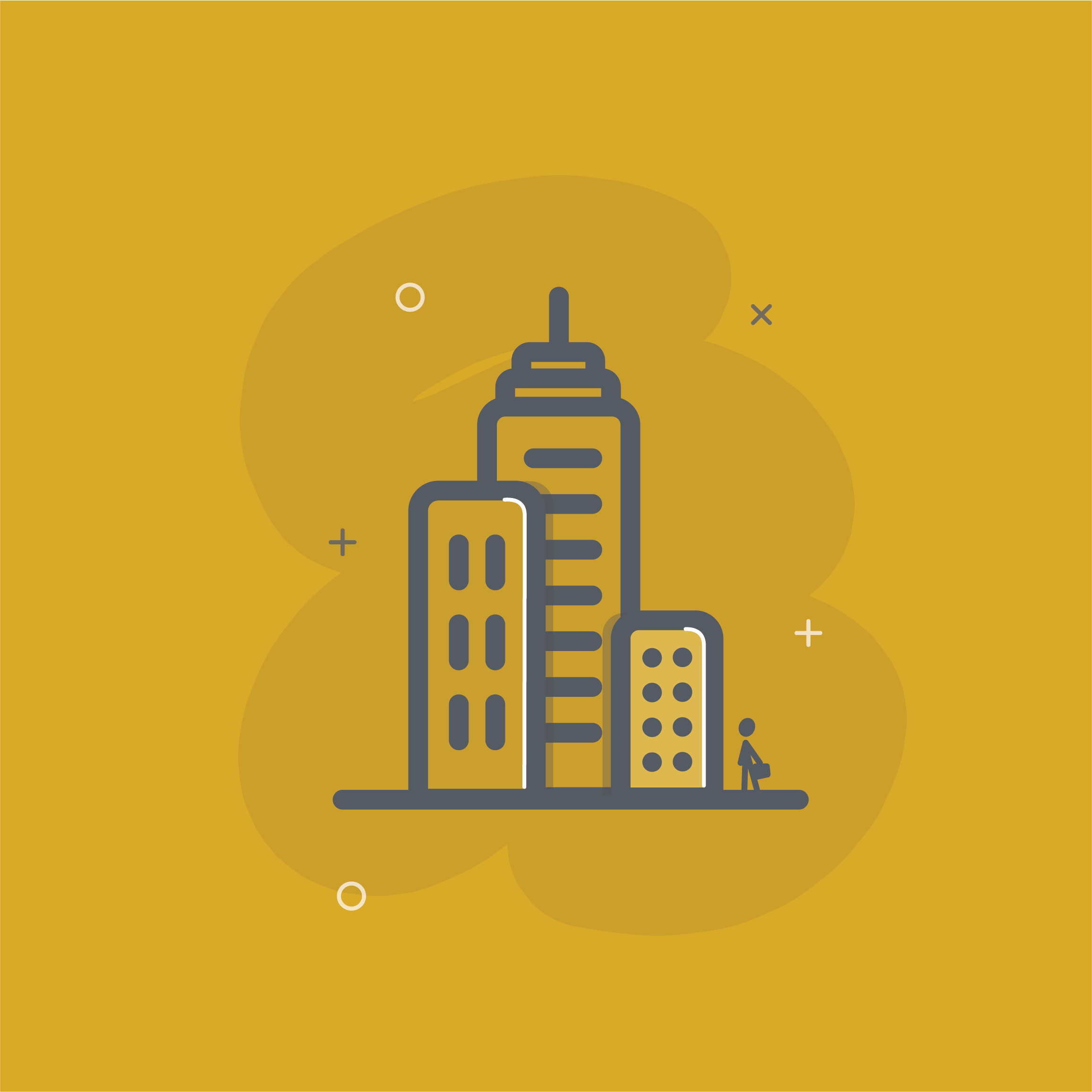 graphic icon of buildings and person