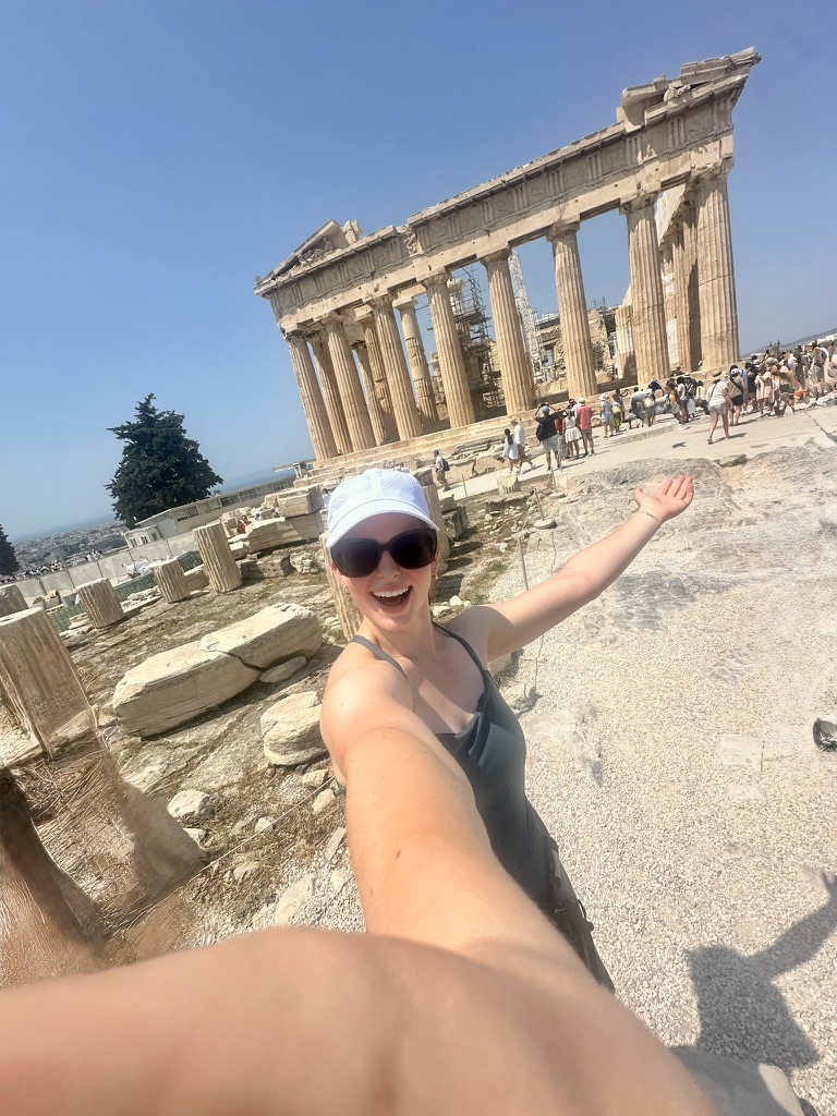 Madison in front of Greek architecture