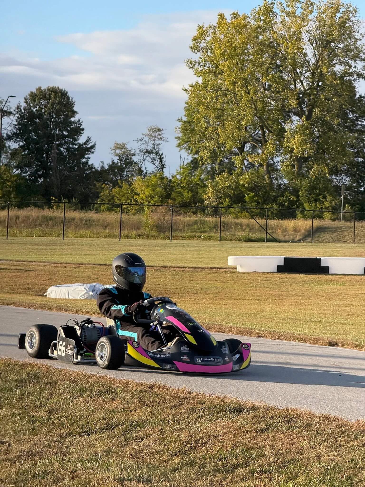 Go-kart driver in black helmet and suit driving a pink-and-yellow kart on a sunlit track with grass and trees.