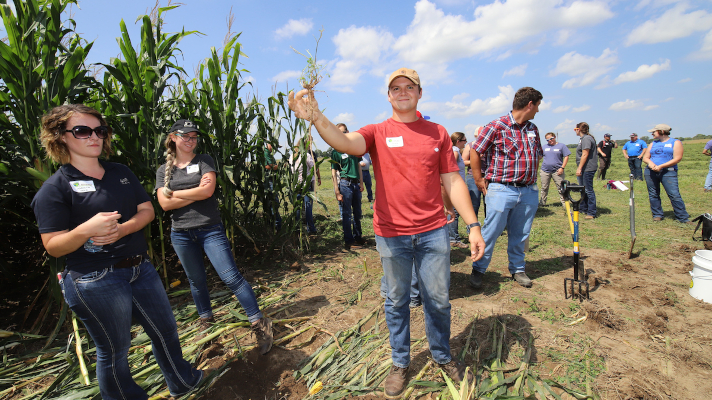 student holding a corn tassel in a corn field