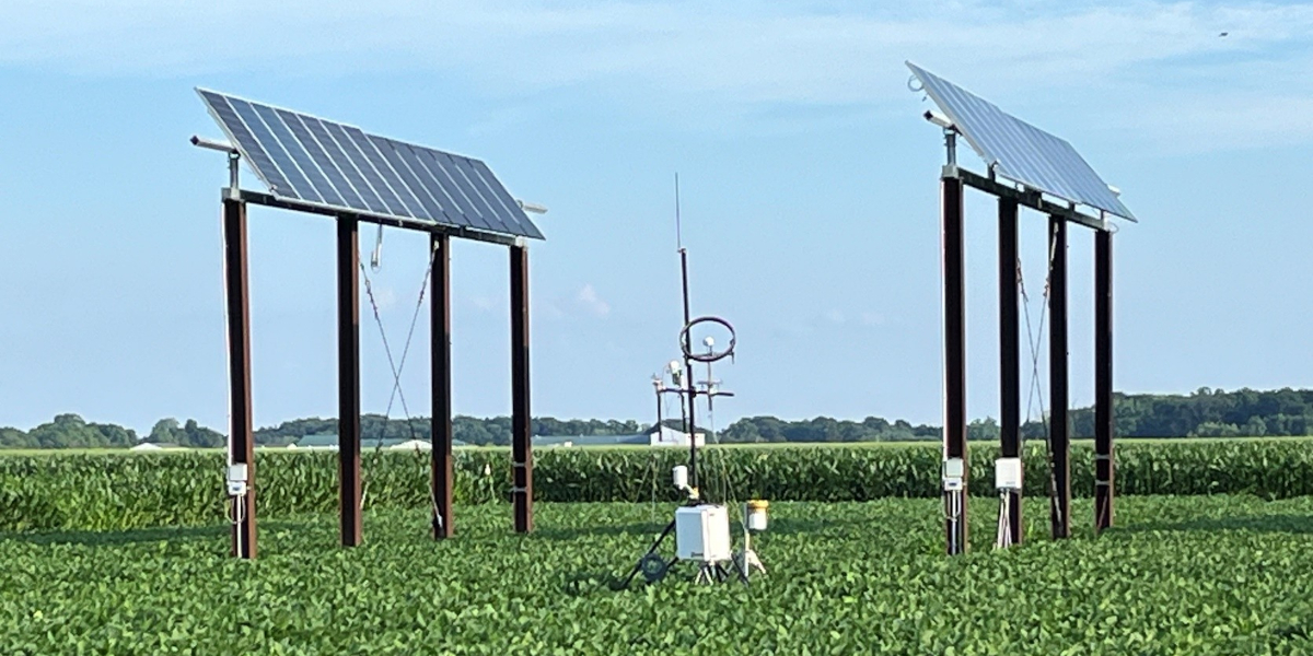 light measurement instruments in a field between solar panels