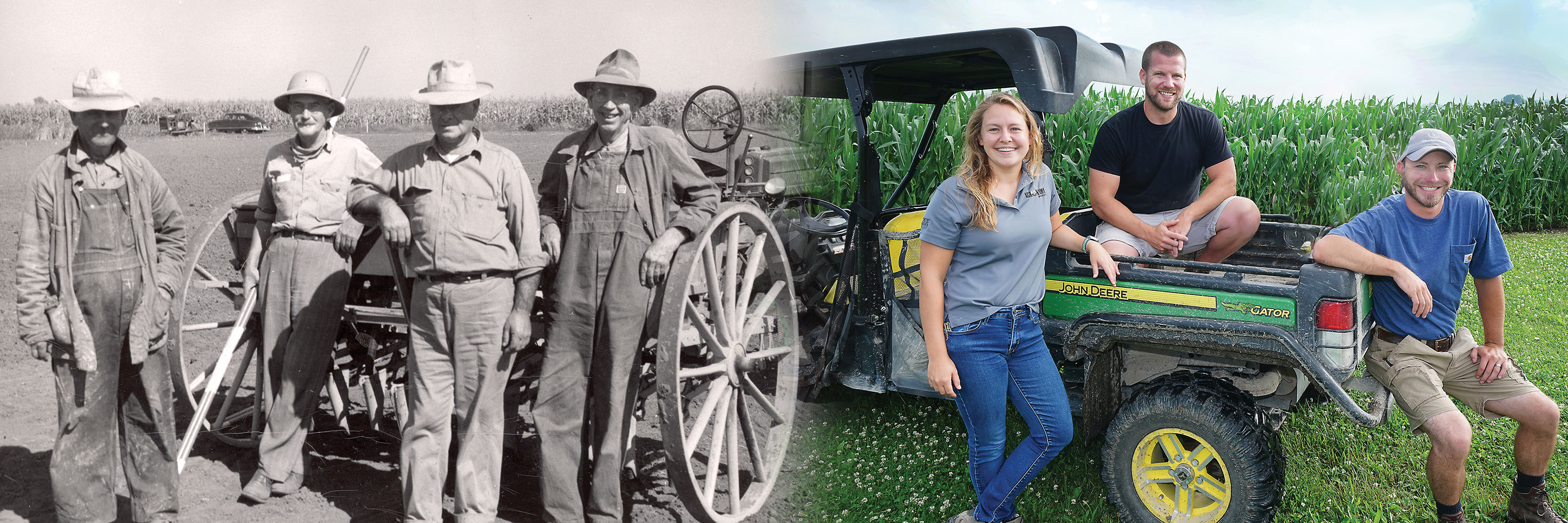 Image from the 1900s of people on a farm and another from today (2024), digital assets web banner.