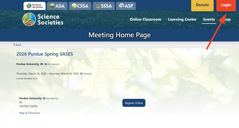 SASES conference registration page with red arrow pointing to login button in upper right