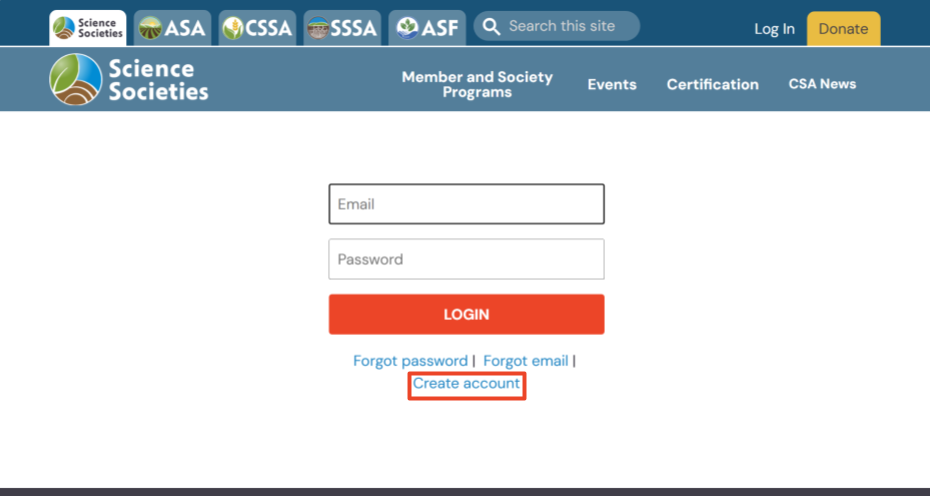 Login page of SASES website with red box around create account button