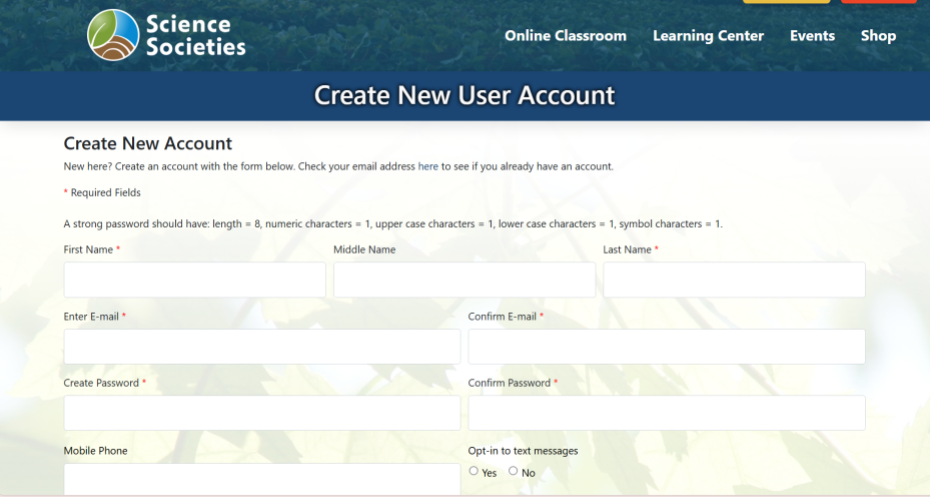 Create account page on SASES website with informational fields to fill in