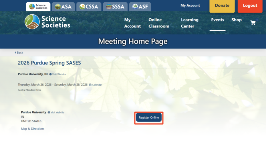 Screen of Purdue Spring SASES Registration form with Register Online button outlined in red