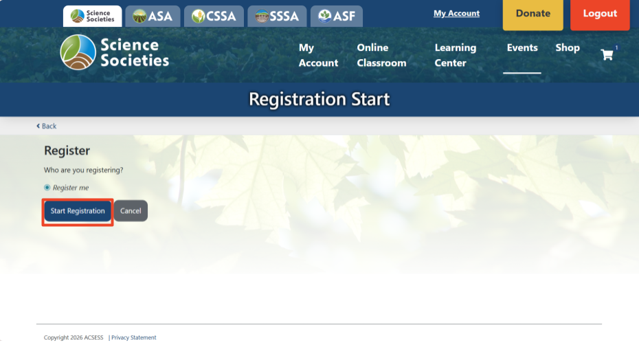 Registration start page for Purdue Spring SASES with Register Me box checked and Start Registration button outlined in red