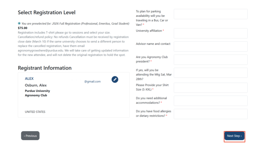 Registration page of Purdue Spring SASES that shows selected registration price, registrant contact information, and fields of additional information to fill in