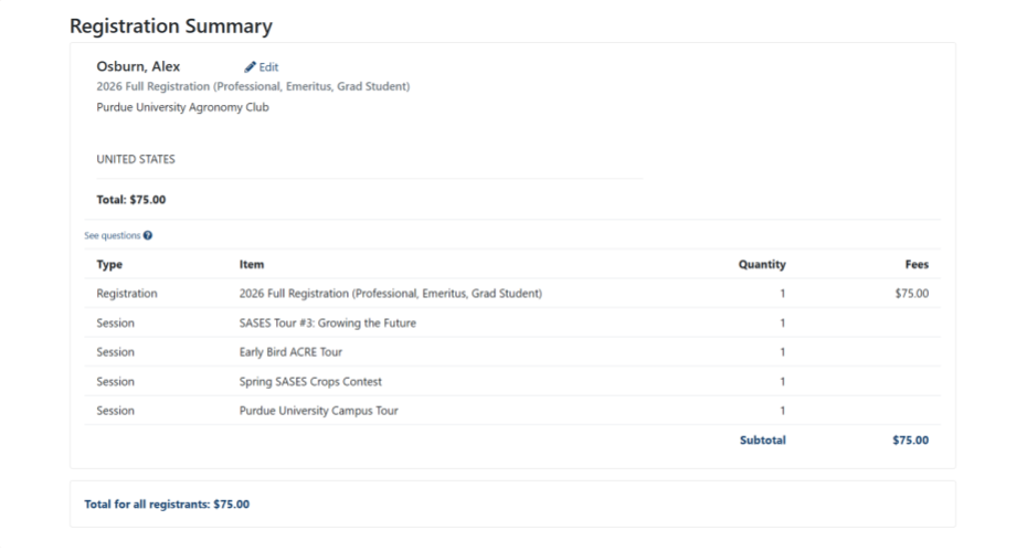 Registration summary page of Purdue Spring SASES registration with registrant information, selected sessions, and price