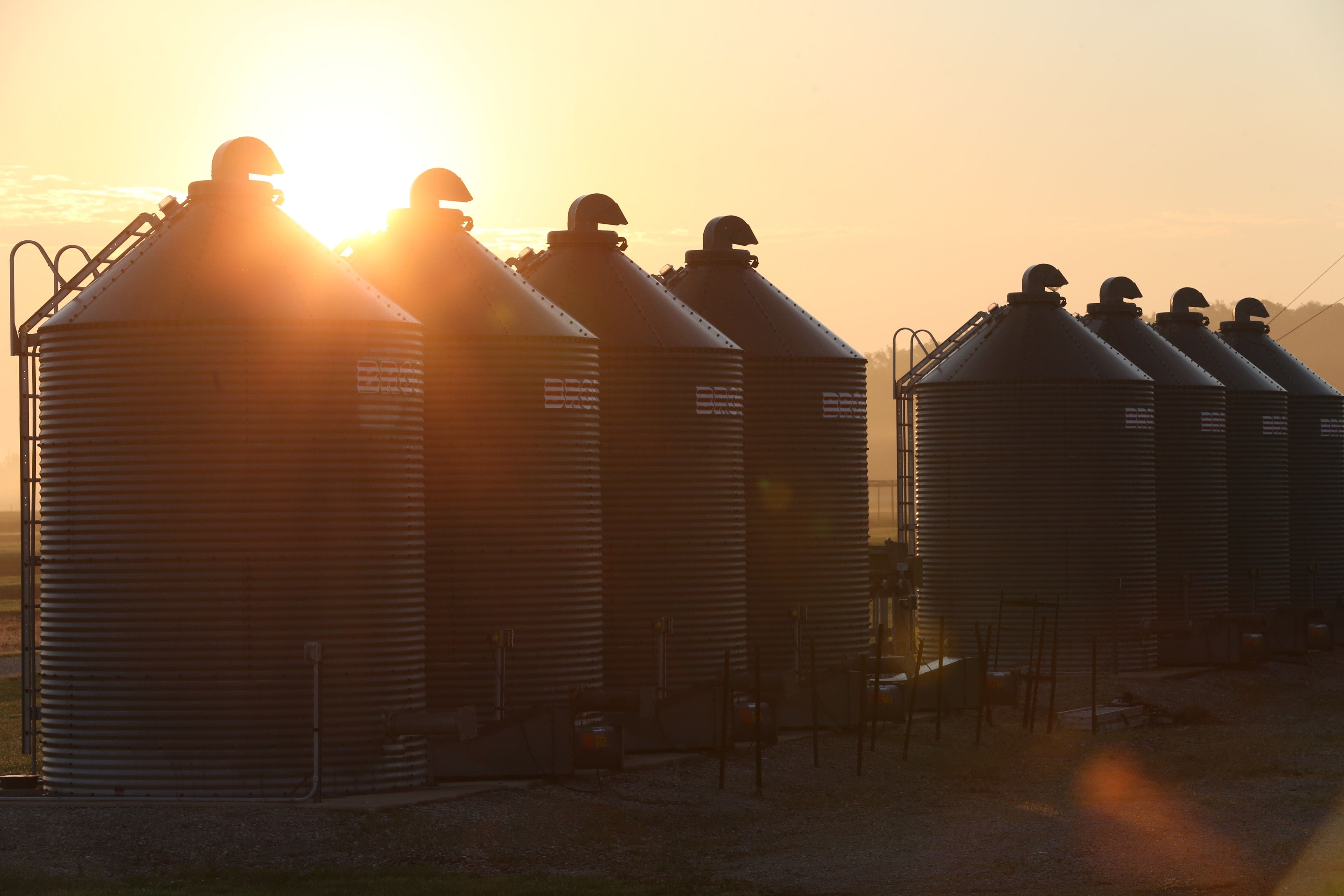 grain bins with the sunrise behind them