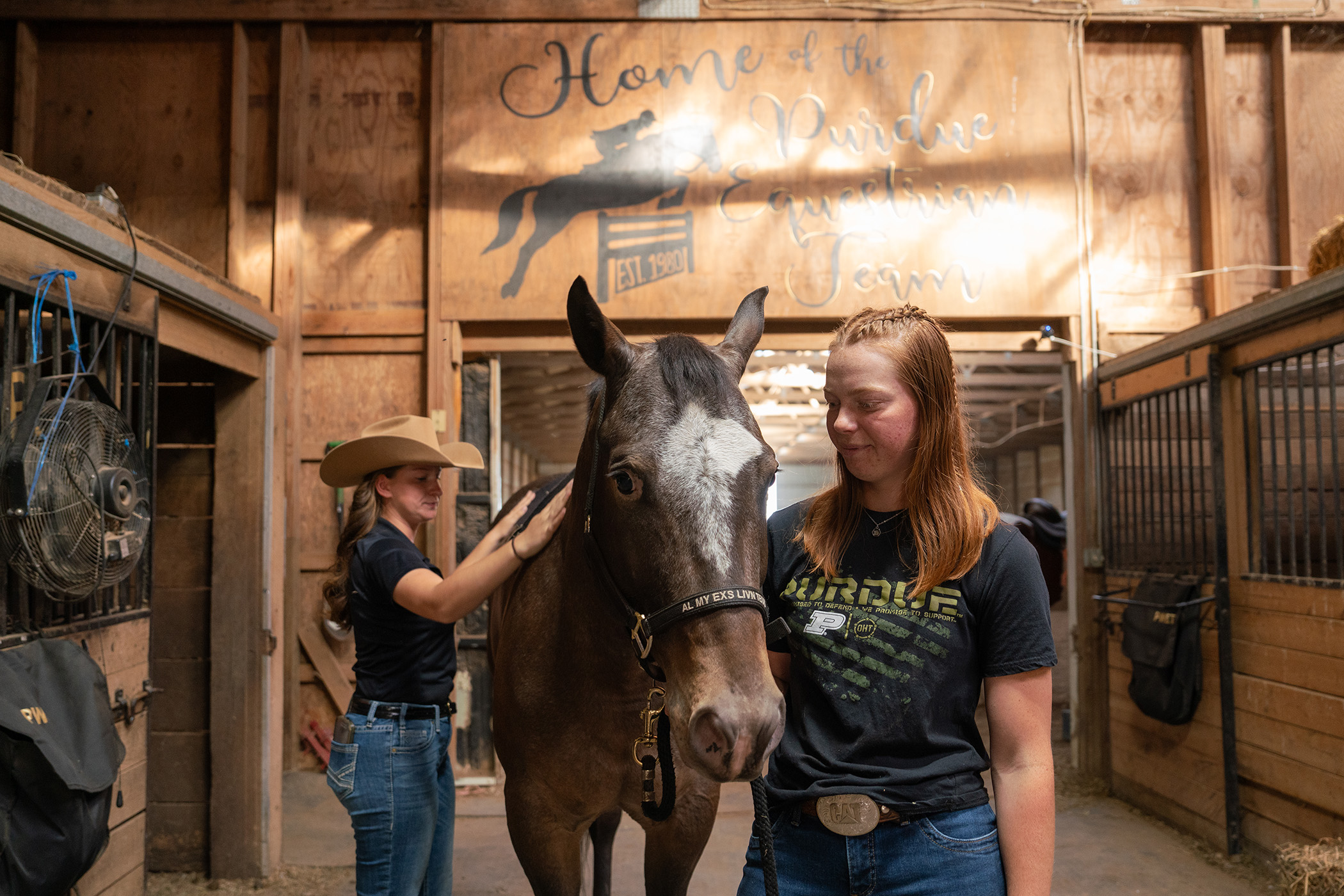 Two females pet and look at a horse.