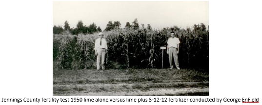 Jennings County fertility test 1950 lime alone versus lime plus 3-12-12 fertilizer conducted by George EnField