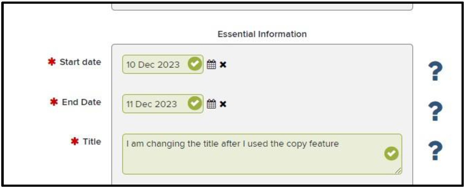 editable fields: start date, end date, title