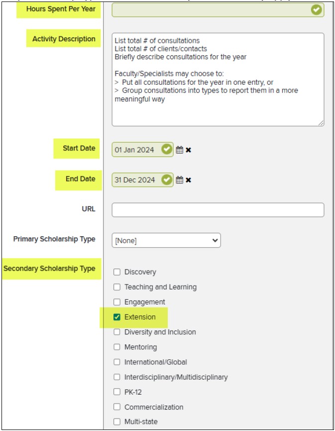 further highlighted fields: Hours Spent Per Year, Activity Description, Start Date, End Date, Secondary Scholarship Type 