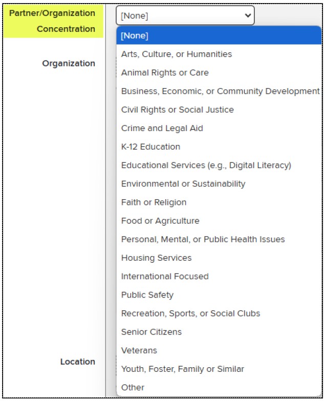 Partner Organization / Concentration