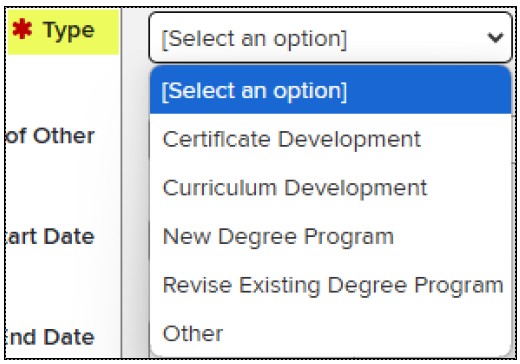 Type > select an option