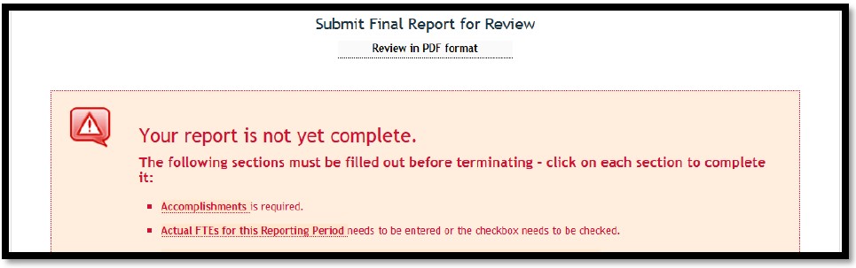 error message - report not complete