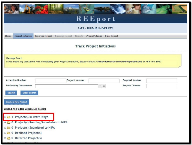 Track Project Initiations page