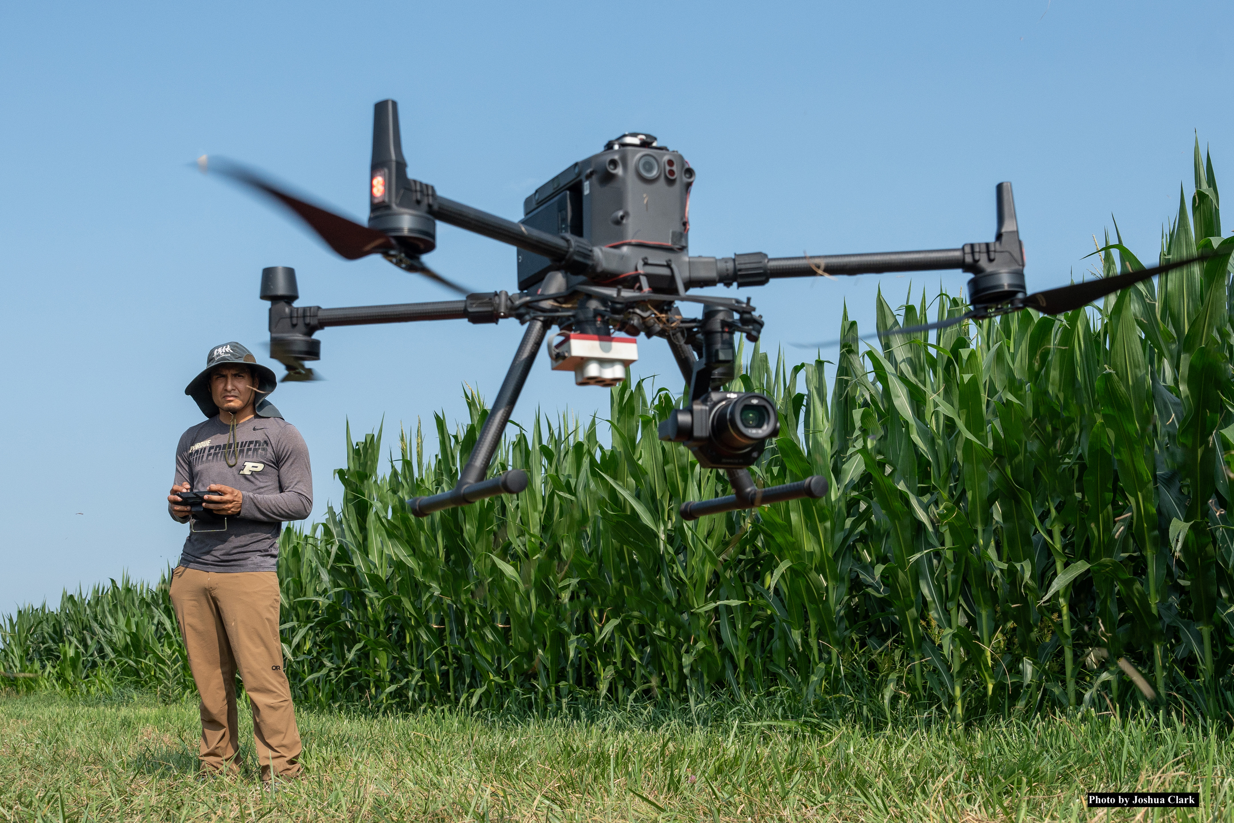 Drone in cornfield with technician in background