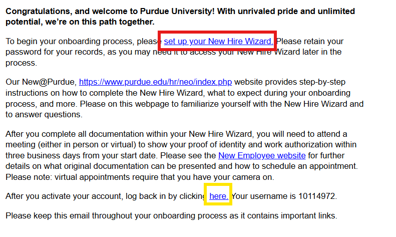 New Hire Wizard email showing password setup and login links