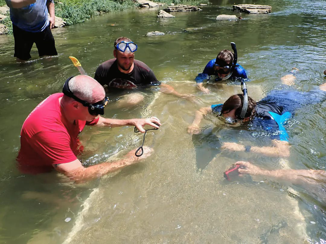 Staff members completing a soft release of Hellbenders into a river.