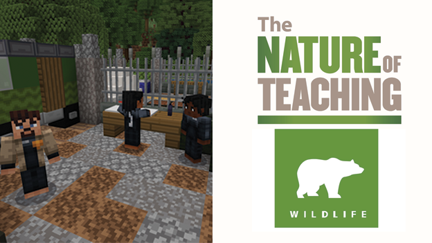 Hellbender quest Minecraft game with screenshot of avatars in room and Nature of Teaching-Wildlife  brand mark.