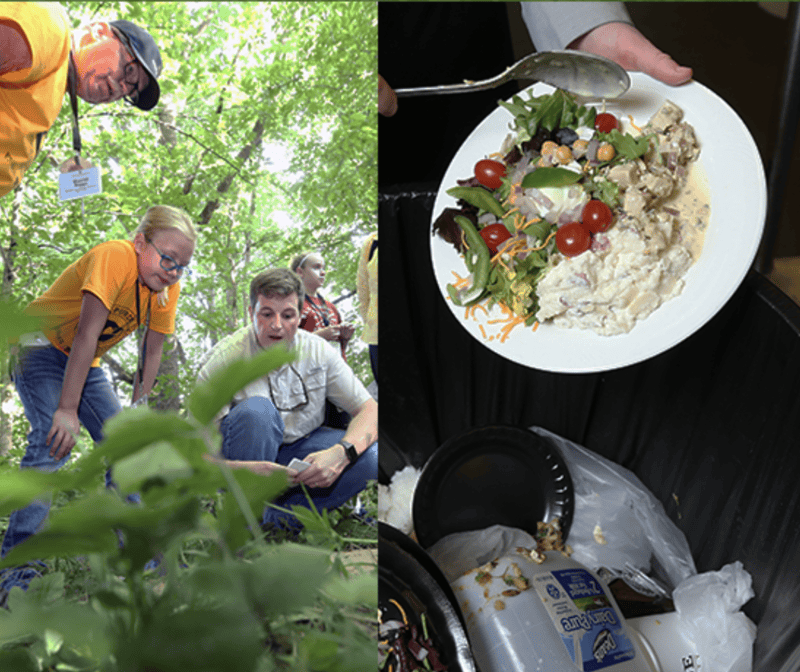 Children around animal print with instructor in forest and a plate throwing away food to show food waste.