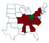 U.S. map with state of Ohio highlightred.