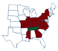 U.S. map with Tennessee highlighted.
