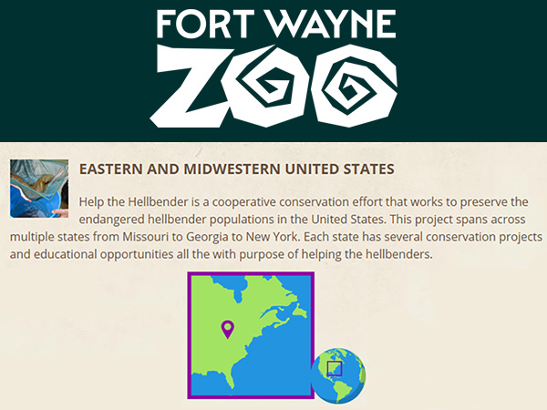 Fort Wayne Park Zoo logo with website text sharing about hellbenders.
