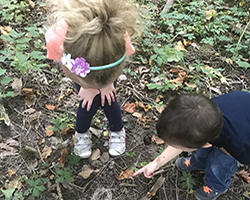 Kids pointing at animal print in forest ground.