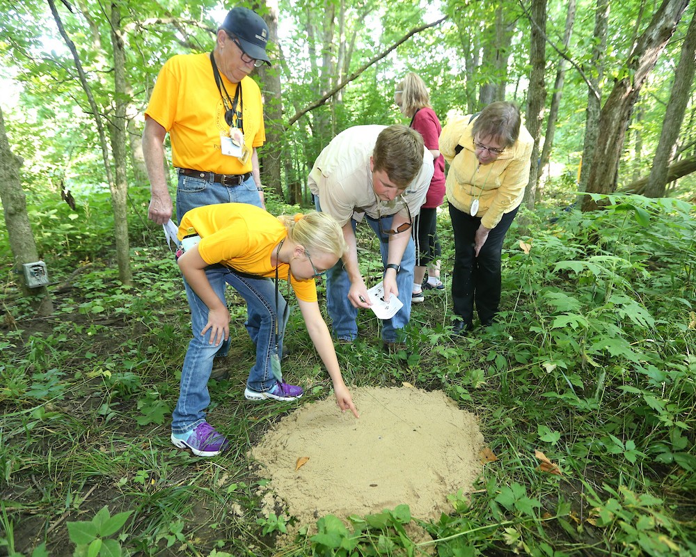 Kids pointing at animal print in forest ground.